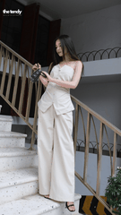 Quần dài linen Le Bourgeon, dáng suông ống rộng màu be thanh lịch