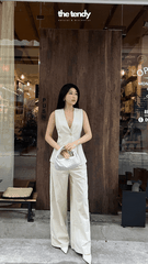 Quần dài linen Le Bourgeon, dáng suông ống rộng màu be thanh lịch