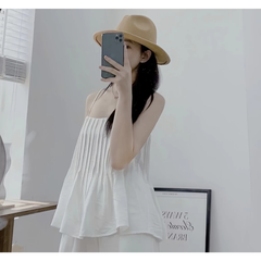 Set bộ Lily áo hai dây xếp ly + quần suông dài, màu trắng, chất đũi xước