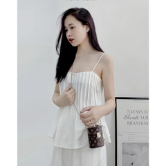 Set bộ Lily áo hai dây xếp ly + quần suông dài, màu trắng, chất đũi xước