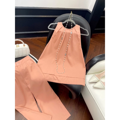 Set bộ linen Cindy màu hồng cam, cổ yếm cách điệu