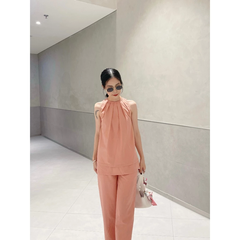 Set bộ linen Cindy màu hồng cam, cổ yếm cách điệu