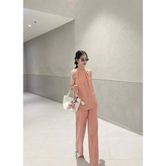 Set bộ linen Cindy màu hồng cam, cổ yếm cách điệu