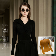 Áo thun Hana dài tay, chất cotton đan sợi đôi có đệm vai, cổ V