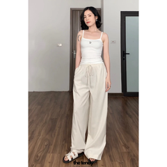 Quần dài linen Le Bourgeon, dáng suông ống rộng màu be thanh lịch