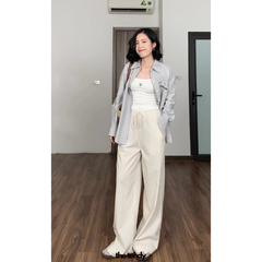 Quần dài linen Le Bourgeon, dáng suông ống rộng màu be thanh lịch