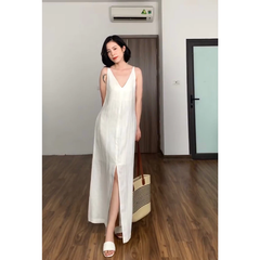 Đầm Lelalin Linen cổ khoét V phong cách thanh lịch