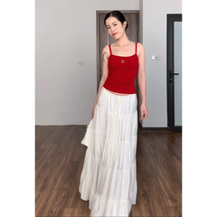 Chân váy maxi Cecily màu trắng, 5 tầng, có dây rút siêu xinh