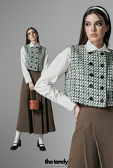 Áo gile dạ tweed caro xanh lá Zava, cúc trước ngực, form croptop
