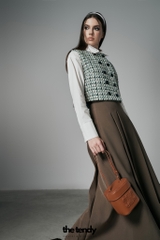 Áo gile dạ tweed caro xanh lá Zava, cúc trước ngực, form croptop
