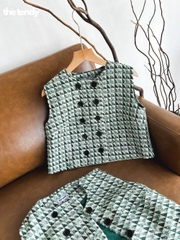 Áo gile dạ tweed caro xanh lá Zava, cúc trước ngực, form croptop