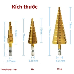 Bộ 3 mũi khoan bước tháp HSS 4241 phủ Titan, Đường kính từ 4 - 32mm