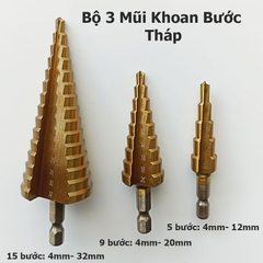 Bộ 3 mũi khoan bước tháp HSS 4241 phủ Titan, Đường kính từ 4 - 32mm