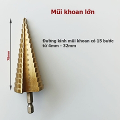 Bộ 3 mũi khoan bước tháp HSS 4241 phủ Titan, Đường kính từ 4 - 32mm