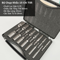Bộ Đầu Khẩu Chụp Sâu Lòng Dài 80mm Chân Lục Giác Lắp Máy Khoan Bắn Vít 15 Chi Tiết