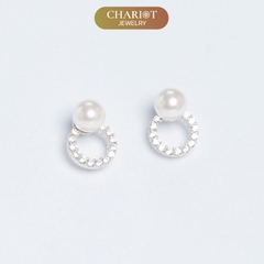 Khuyên tai bạc ECJ44 s925  dáng tròn ôm tai đính ngọc trai thanh lịch, ChariotJewelry