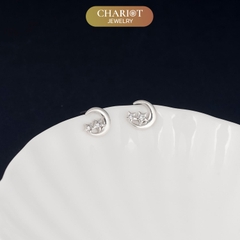 Khuyên tai bạc ECJ48 s925 kiểu basic vầng trăng & 2 vì sao thanh lịch, ChariotJewelry