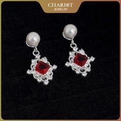 Khuyên tai bạc ECJ68 đính đá ruby đỏ dáng thả cho nữ, s925 Chariot Jewelry