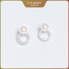 Khuyên tai bạc ECJ44 s925  dáng tròn ôm tai đính ngọc trai thanh lịch, ChariotJewelry