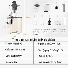 Máy Ép Chậm Xiaomi BUD BJ-V10 Ép Kiệt 95% Lượng Nước Dung Tích 0.3 Lít, Công Suất Ép 150 W - Hàng Chính Hãng Chờ duyệt