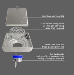 Phễu thoát sàn chống mùi hôi, ga thoát sàn RANCO inox 304 ngăn rác,thoát nước nhanh phi 45.6 RO-450G
