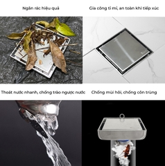 Phễu thoát sàn chống mùi hôi, ga thoát sàn RANCO 12cm inox 304 ngăn rác, thoát nước nhanh RO-453G