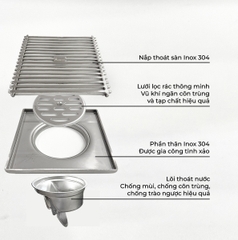 Phễu thoát sàn chống mùi hôi, ga thoát sàn RANCO 15cm inox 304 ngăn rác, thoát nước nhanh RO-295A