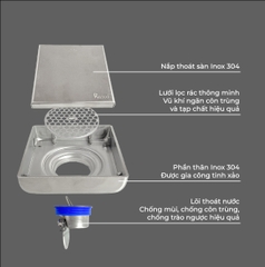 Phễu thoát sàn chống mùi hôi, ga thoát sàn RANCO 12cm inox 304 ngăn rác, thoát nước nhanh RO-453G