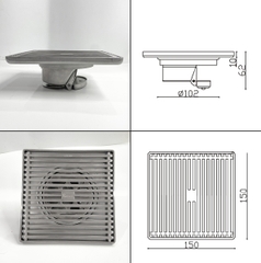 Phễu thoát sàn chống mùi hôi, ga thoát sàn RANCO 15cm inox 304 ngăn rác, thoát nước nhanh RO-295A