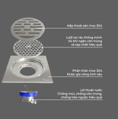 Phễu thoát sàn, ga thoát sàn ngăn mùi RANCO 15cm inox 304 ngăn rác thoát nước nhanh phi 69 RO-256A