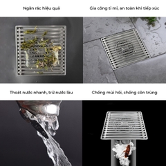Phễu thoát sàn chống mùi hôi, ga thoát sàn RANCO 15cm inox 304 ngăn rác, thoát nước nhanh RO-295A