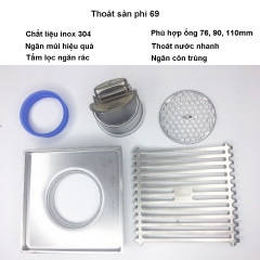 Phễu thoát sàn chống mùi hôi RANCO inox 304 ngăn rác thoát nước nhanh phi 69 ốg 76, 90,110mm RO-294A
