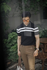 Áo Polo Nam Đen sọc trắng
