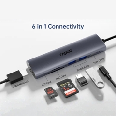 Hub chuyển đổi RAPOO XD61 6in1 - Type C to HDMI 4K, USB 3.0, TF/SD Card, PD