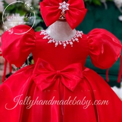 short-sleeve-with-beaded-round-neck-dress-in-red-satin-midi-dress-for-baby-girls
