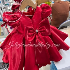 cap-sleeve-three-bow-front-detail-dress-with-cut-out-v-back-in-red-tafta-midi-dr