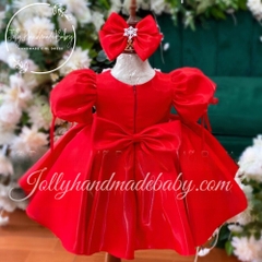 short-sleeve-with-beaded-round-neck-dress-in-red-satin-midi-dress-for-baby-girls