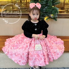 long-sleeve-black-snow-velvet-dress-with-pink-flower-skirt-midi-for-baby-girls