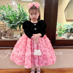 long-sleeve-black-snow-velvet-dress-with-pink-flower-skirt-midi-for-baby-girls