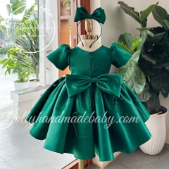 short-sleeve-pleated-dress-with-bow-around-skirt-in-green-satin-midi-dress-with-