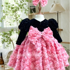 long-sleeve-black-snow-velvet-dress-with-pink-flower-skirt-midi-for-baby-girls