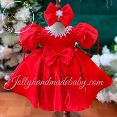 short-sleeve-with-beaded-round-neck-dress-in-red-satin-midi-dress-for-baby-girls