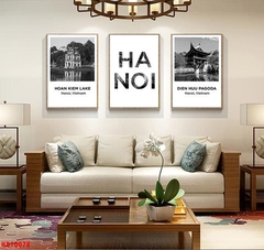 Bộ 3 tranh treo tường canvas Tráng gương Hà Nội trắng đen- 1