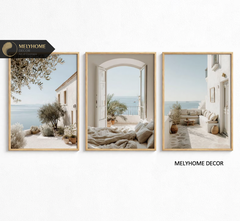 12 Mẫu Bộ 3 bức Tranh Treo Tường Biển Santorini Hy Lạp Địa Trung Hải Xanh Trắng Tráng Gương / Canvas Phong Cảnh Trang trí Phòng Khách Sạn Ngủ- MELYHOME DECOR