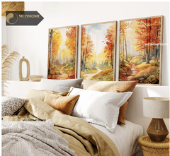 Bộ 3 Tranh Treo Tường Tráng Gương / Canvas Phong Cảnh Mùa Thu Lá Thông Vàng Vintage Retro Châu Âu - MELYHOME DECOR