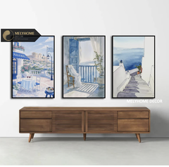 12 Mẫu Bộ 3 bức Tranh Treo Tường Biển Santorini Hy Lạp Địa Trung Hải Xanh Trắng Tráng Gương / Canvas Phong Cảnh Trang trí Phòng Khách Sạn Ngủ- MELYHOME DECOR