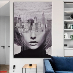 Tranh Đơn Dọc Treo Tường Tráng Gương / Canvas Tone Trắng Cô gái và Thành Phố CG13- MELYHOME