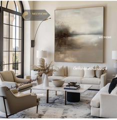 Tranh treo tường đơn vuông- Tráng gương Cao Cấp Be Trắng In Kiểu Sơn Dầu Wabi sabi Tối Giản Minimalist - MELYHOME DECOR