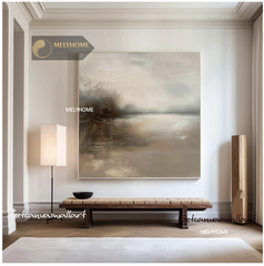 Tranh treo tường đơn vuông- Tráng gương Cao Cấp Be Trắng In Kiểu Sơn Dầu Wabi sabi Tối Giản Minimalist - MELYHOME DECOR