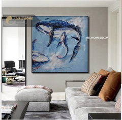 Tranh treo tường đơn vuông- Tráng gương Cao Cấp Biển Cá Heo IN Kiểu Sơn Dầu Wabi sabi Tối Giản Minimalist - MELYHOME DECOR